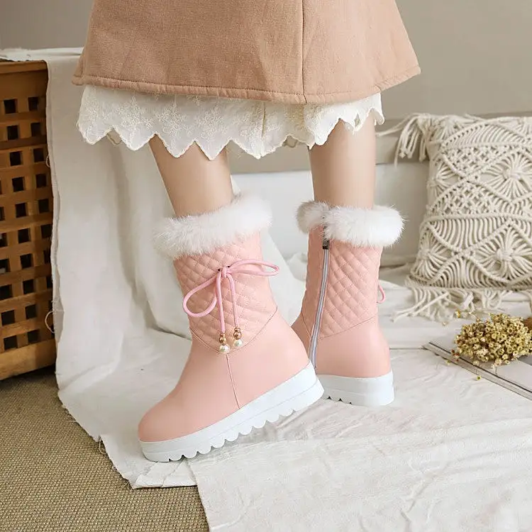 Women's Tied Straps Pearls Furry Side Zippers Platform Wedge Mid-Calf Snow Boots