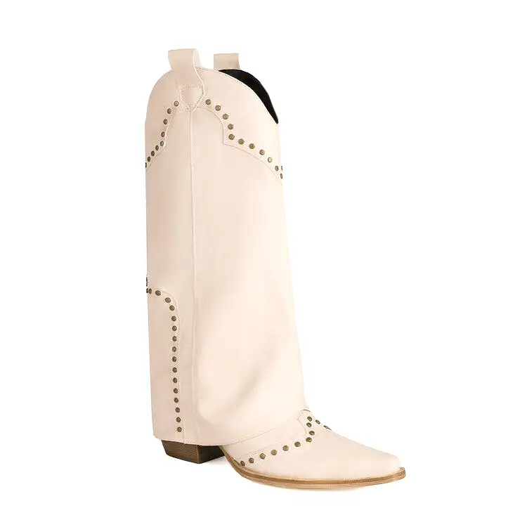 Women's Western Boots Fold Pointed Toe Beveled Heel Rivets Mid-calf Boots