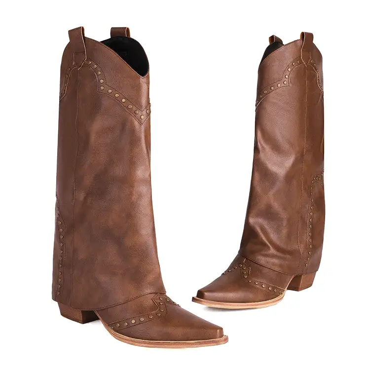 Women's Western Boots Fold Pointed Toe Beveled Heel Rivets Mid-calf Boots