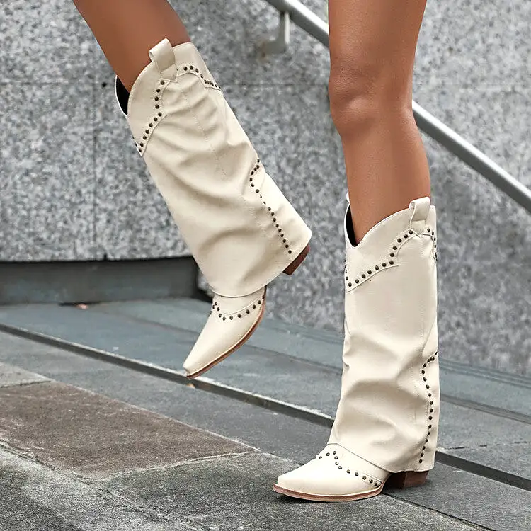 Women's Western Boots Fold Pointed Toe Beveled Heel Rivets Mid-calf Boots