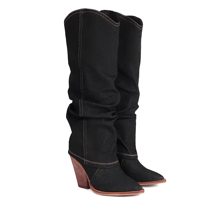 Women's Western Cowboy Fold Pointed Toe Beveled Heel Knee High Boots