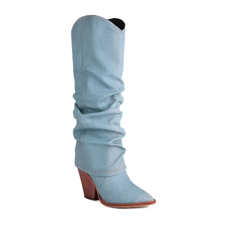 Women's Western Cowboy Fold Pointed Toe Beveled Heel Knee High Boots