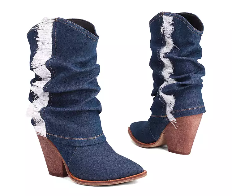 Women's Western Cowboy Fold Pointed Toe Beveled Heel Mid-Calf Boots