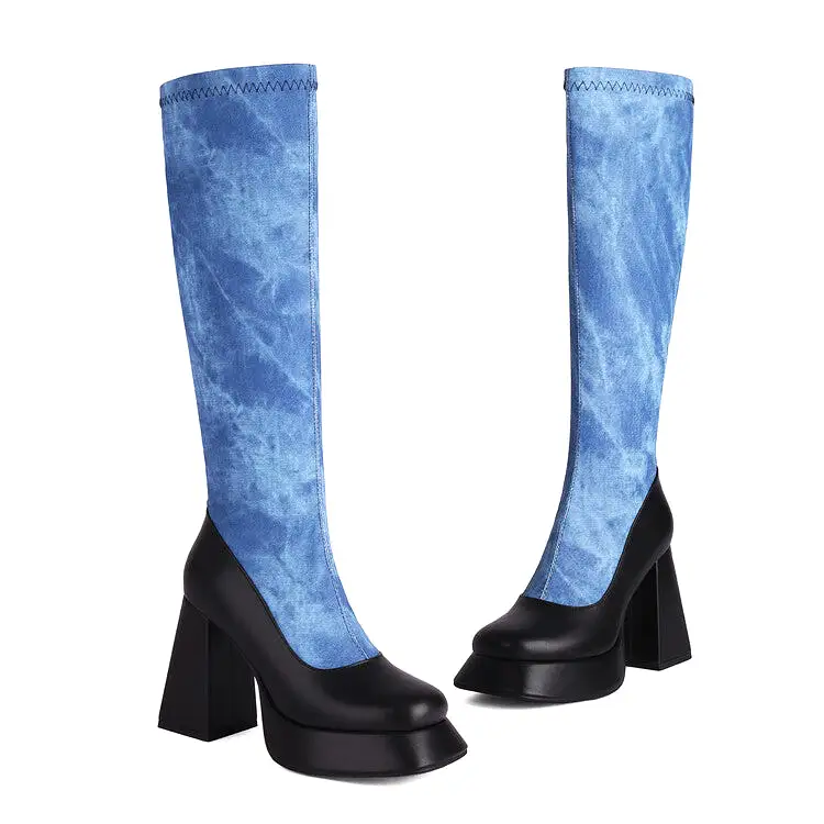 Women's Western Cowboy Tie-Dye Zippers Round Toe Chunky Heel Platform Knee High Boots