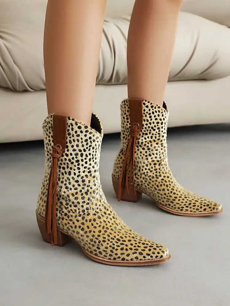 Women's Western Pointed Toe Beveled Heel Leopard Patterns Short Boots