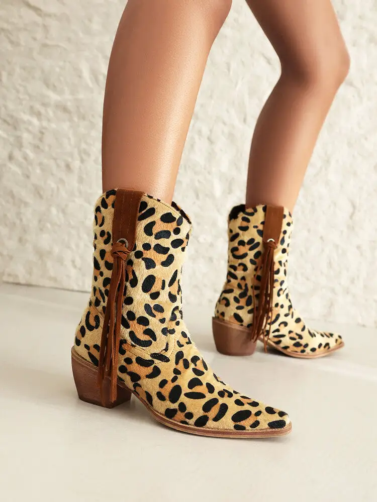 Women's Western Pointed Toe Beveled Heel Leopard Patterns Short Boots