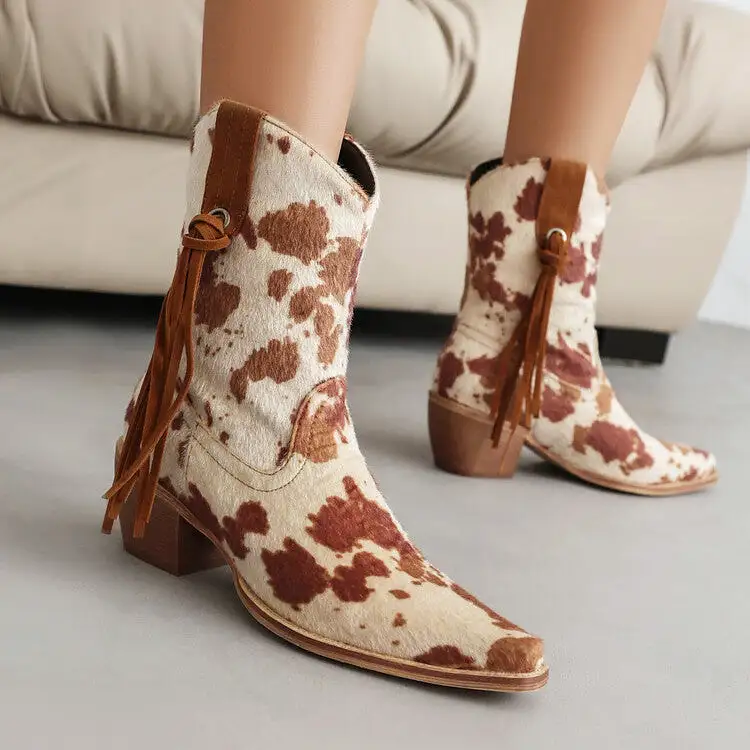 Women's Western Pointed Toe Beveled Heel Leopard Patterns Short Boots