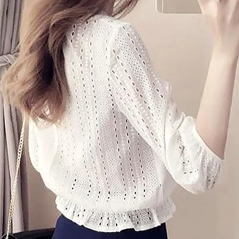 Women's White Blouse Lace Crochet Tops V Neck