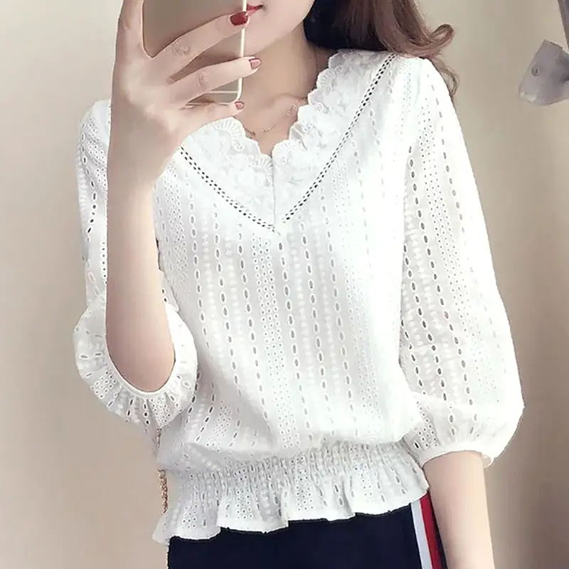 Women's White Blouse Lace Crochet Tops V Neck