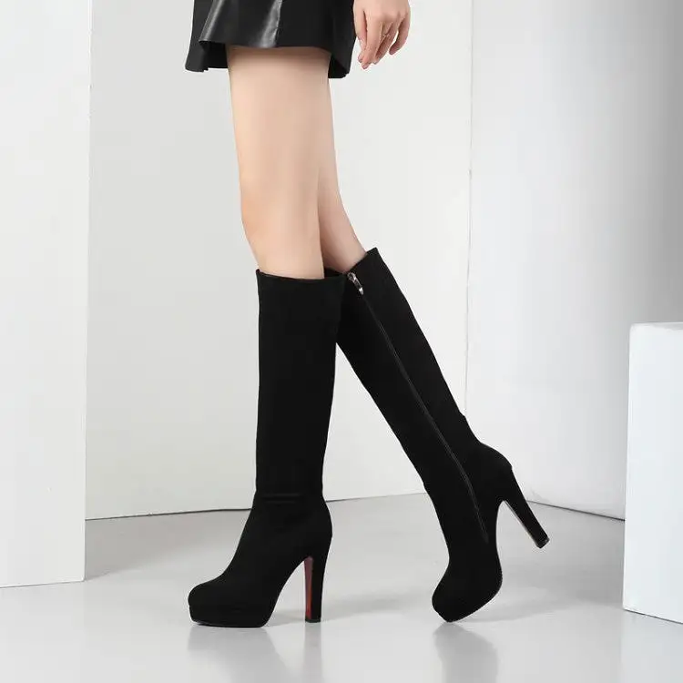 Women's Zippers Round Toe Chunky Heel Platform Knee-High Boots